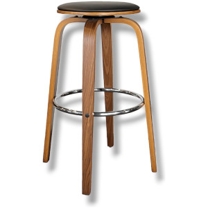 Banco de madera moldeada nogal, tapizado en piel PU , con base y posa pies en acero cromado, patas en madera fijo y función Giratoria de asiento.