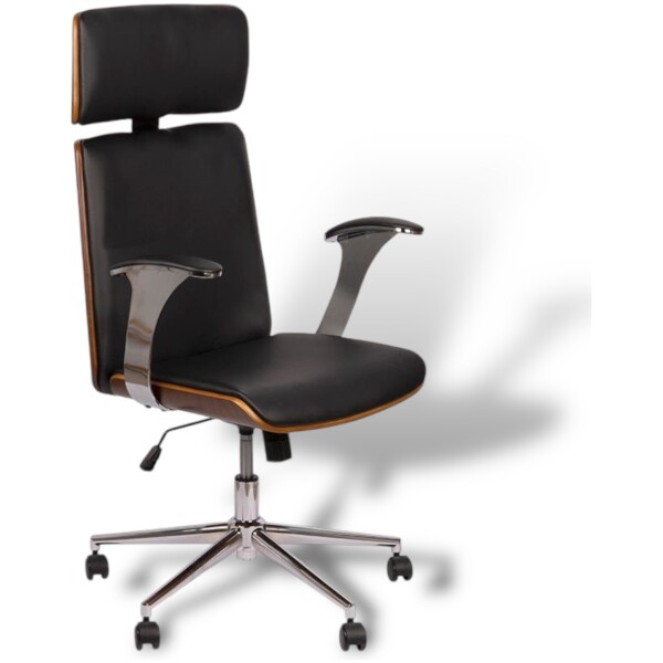 Silla Ejecutiva Russia Chapa Nogal & Piel PU Con Brazos Base Cromada
