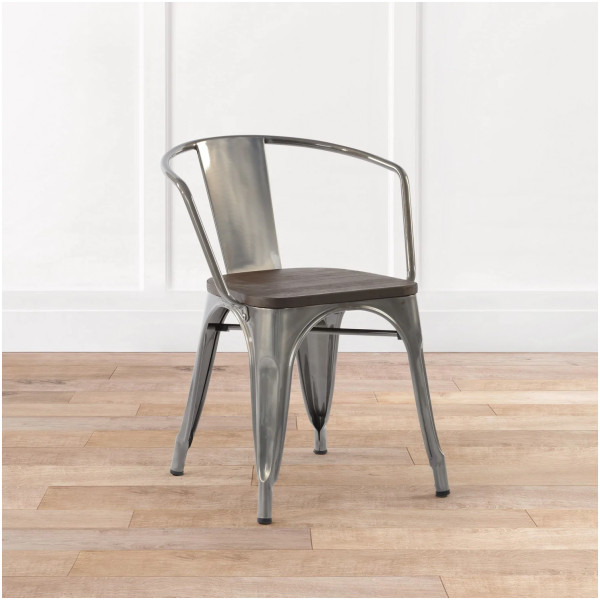 Silla Tolix Con Brazo Asiento Madera - Imagen 2