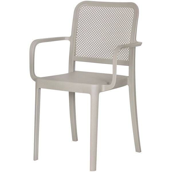 silla de plastico para exterior o interior de restaurante econmica con diseño tipo malla rejilla todo clima patio o terraza color Arena taupe con brazo