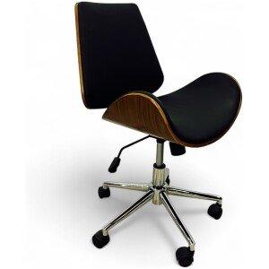 Silla de Oficina Giratoria Luffy en Piel PU Negra y Chapa de Nogal con Base Cromada