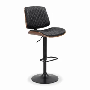 Banco Bali ajustable con asiento de piel PU negra y respaldo de chapa de nogal