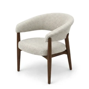 Sillón ocasional Lunna diseño curvo en tela greige y patas de madera